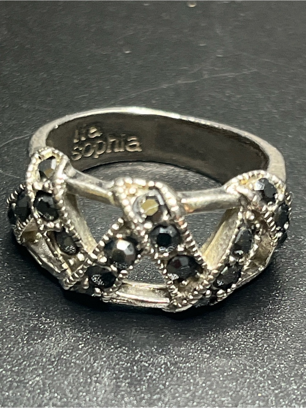 Lia Sophia Silver Tone Black Crystal Ring Size 8 Statement Band
